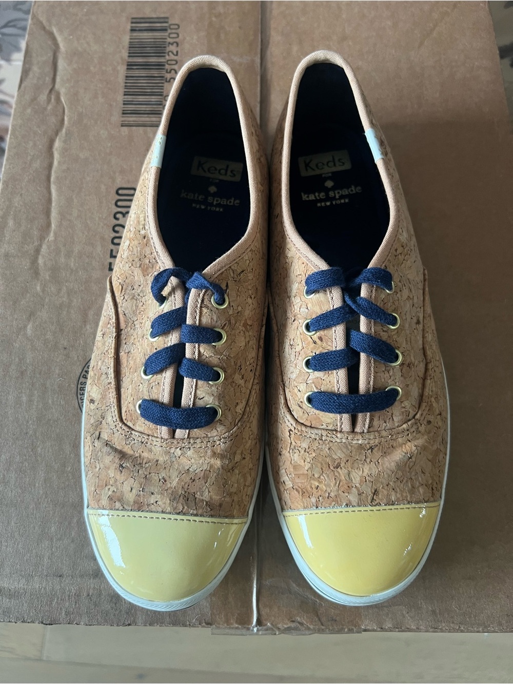 Keds Cork Sneakers with Navy Laces and Yellow Toe Caps vintage
